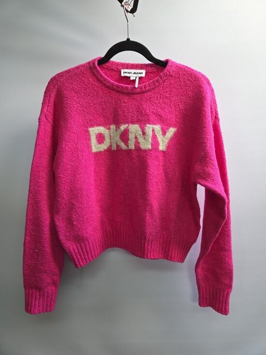 DKNY Jeans Sweaters - DKNY Jeans Women's Pink Bouclé Tinsel Logo Crewneck Long Sleeve Sweater Size M